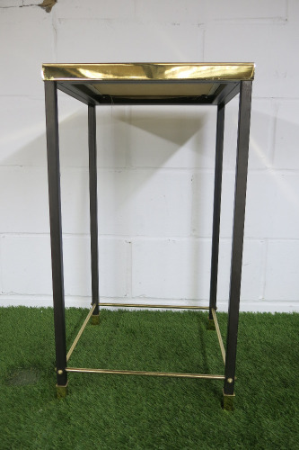 Square Side Table with Black Legs, Gold Hardware & Cream Fabric Top.