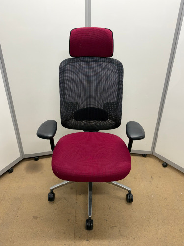 Orangebox Office Swivel Chair with Purple Fabric Seat/Headrest, Mesh Back & Chrome Legs.
