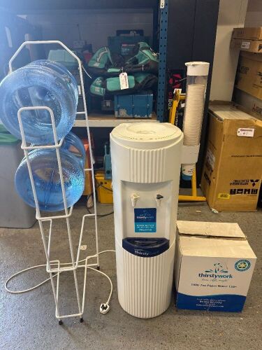 Thirsty Work Crystal Mountain Floor Standing Water Dispenser, Model GLRD2WTW2C. Comes with Box of Paper Cups, 2 x 18.9L Filled Water Bottles & Stand.