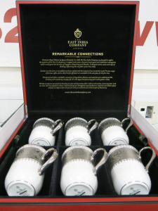 The East India Company Royal Bone China Tong Noon Platinum Hand Painted Set of 6 Mugs in Red Presenation Box.
