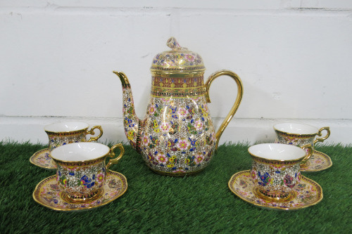 Lot of The East India Company Royal Bone China Banjarong 18ct Gold Hand Painted Crockery to Include: 1 Large Coffee Pot & 4 x Coffee Cups with Saucers.