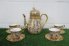 Lot of The East India Company Royal Bone China Banjarong 18ct Gold Hand Painted Crockery to Include: 1 Large Coffee Pot & 4 x Coffee Cups with Saucers.