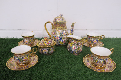 Lot of The East India Company Royal Bone China Banjarong 18ct Gold Hand Painted Crockery to Include: 1 Medium Coffee Pot, 4 x Coffee Cups with Saucers, 1 x Milk Jug & 1 x Sugar Bowl.