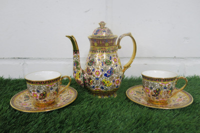 Lot of The East India Company Royal Bone China Banjarong 18ct Gold Hand Painted Crockery to Include: 1 x Small Coffee Pot & 2 x Cups with Saucers.