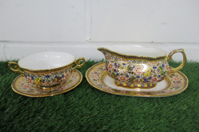 Lot of The East India Company Royal Bone China Banjarong 18ct Gold Hand Painted Crockery to Include: 1 x Sauce Boat with Saucer & 1 x Dish with Saucer.