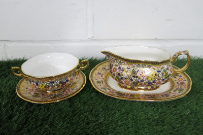 Lot of The East India Company Royal Bone China Banjarong 18ct Gold Hand Painted Crockery to Include: 1 x Sauce Boat with Saucer & 1 x Dish with Saucer.