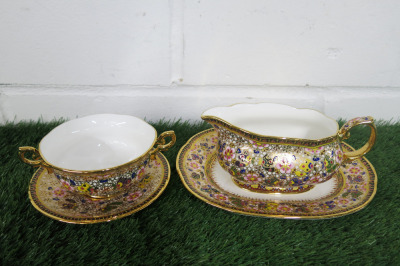 Lot of The East India Company Royal Bone China Banjarong 18ct Gold Hand Painted Crockery to Include: 1 x Sauce Boat with Saucer & 1 x Dish with Saucer.