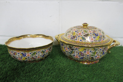 Lot of The East India Company Royal Bone China Banjarong 18ct Gold Hand Painted Crockery to Include: 1 x Large Dish with Lid & 1 x Large Bowl.
