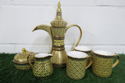 Lot of The East India Company Royal Bone China Benjarong 18ct Gold Hand Painted Crockery to Include: 1 x Tall Coffee Pot, 3 x Cups, 1 x Milk Jug & 1 x Sugar Pot with Lid.