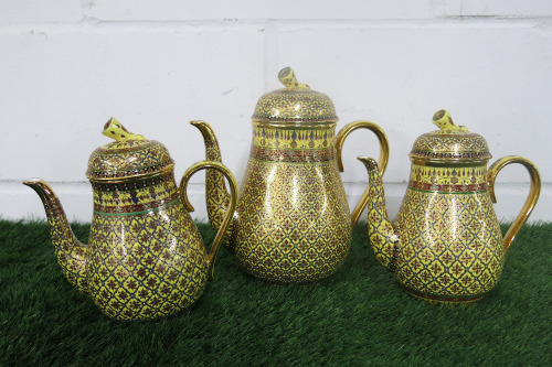 Lot of The East India Company Royal Bone China Benjarong 18ct Gold Hand Painted Crockery to Include: 1 x Large Coffee Pot & 2 x Medium Coffee Pots.