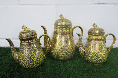 Lot of The East India Company Royal Bone China Benjarong 18ct Gold Hand Painted Crockery to Include: 1 x Large Coffee Pot & 2 x Medium Coffee Pots.