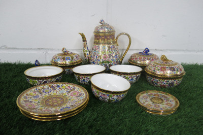 Lot of The East India Company Royal Bone China Benjarong 18ct Gold Hand Painted Crockery to Include: 1 x Coffee Pot, 3 x Sugar Pots with Lids, 1 x Sugar Pot without Lid, 3 x Cups & 3 x Saucers & 2 x Coasters.