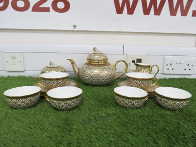 Lot of The East India Company Royal Bone China Benjarong 18ct Gold Hand Painted Crockery to Include: 1 x Tea Pot, 1 x Milk Jug, 1 x Sugar Bowl with Lid, 3 x Tea Cups & 3 x Saucers & 1 x Mug with Saucer & 1 x Small Cup. .
