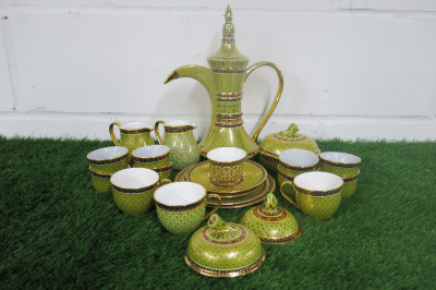 Lot of The East India Company Royal Bone China Benjarong 18ct Gold Hand Painted Crockery to Include: 1 x Tall Coffee Pot, 9 x Coffee Cups, 3 x Cups, 4 x Saucers, 2 x Milk Jugs, 1 x Sugar Pot with Lid & 2 x Lids.