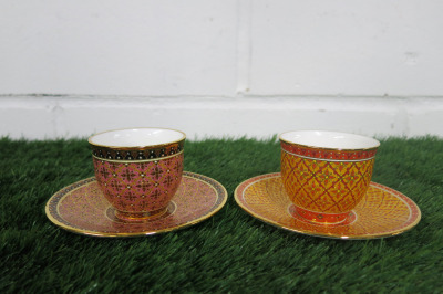 Lot of The East India Company Royal Bone China Benjarong 18ct Gold Hand Painted Crockery to Include: 2 x Assorted Cups & 2 x Assorted Saucers.