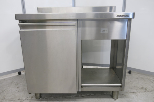 Xenex Stainless Steel Double Sink Counter with 1 x Door & 1 x Open Storage. Size H96 x W95 x D60cm.