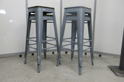 4 x Bar Stools with Grey Metal Legs & Stained Wooden Seat. Size H77cm.