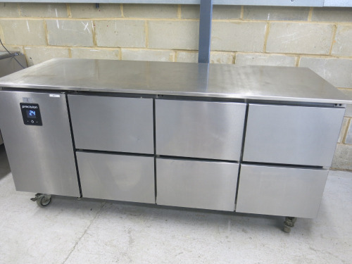Precision 6 Draw Stainless Steel Mobile Prep Top Fridge, Model MCU311. Size H85 x W180 x 67cm.