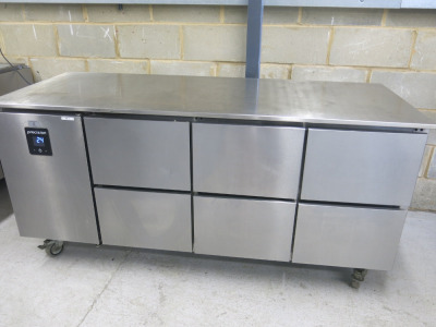 Precision 6 Draw Stainless Steel Mobile Prep Top Fridge, Model MCU311. Size H85 x W180 x 67cm.