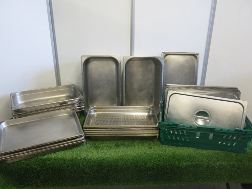 21 x Stainless Steel 1/1 Gastro Trays in Assorted Sizes & 10 x Bourgeat Stainless Steel Lids.
