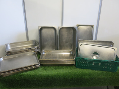 21 x Stainless Steel 1/1 Gastro Trays in Assorted Sizes & 10 x Bourgeat Stainless Steel Lids.