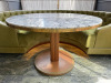 Marble Top Effect Round Dining Table on Wood Column Base with Brass Trim. Size Dia 120cm.