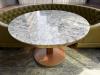 Marble Top Effect Round Dining Table on Wood Column Base with Brass Trim. Size Dia 120cm. - 2