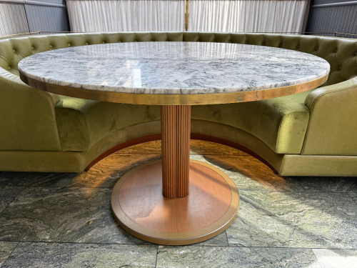 Marble Top Effect Round Dining Table on Wood Column Base with Brass Trim. Size Dia 120cm.