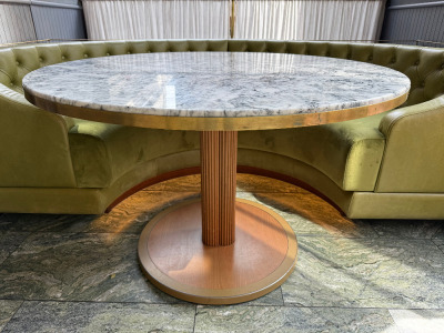 Marble Top Effect Round Dining Table on Wood Column Base with Brass Trim. Size Dia 120cm.
