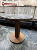 Marble Top Effect Round Dining Table on Wood Column Base with Brass Trim. Size Dia 80cm.