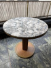 Marble Top Effect Round Dining Table on Wood Column Base with Brass Trim. Size Dia 80cm. - 2