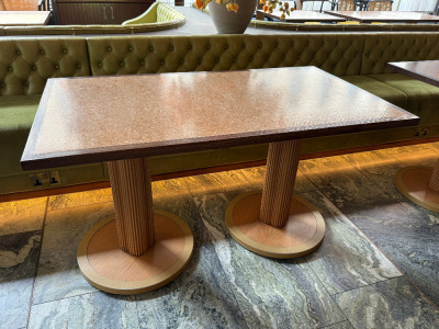 Wooden Top Dining/Restaurant Table on Twin Column Fluted Base. Size 135 x 75cm.