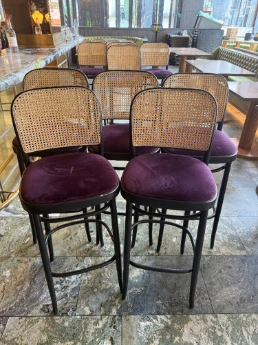5 x Dark Purple & Black Bentwood Framed High Stools with Rattan Style Back. NOTE: 1 x back damaged.