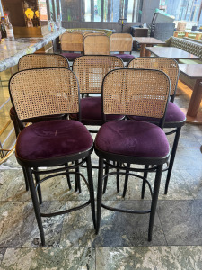 5 x Dark Purple & Black Bentwood Framed High Stools with Rattan Style Back. NOTE: 1 x back damaged.