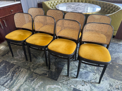 8 x Mustard Yellow Black Bentwood Framed Dining Chairs with Rattan Style Back.