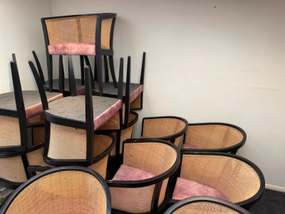 17 x Newlife Made in Italy Black Framed Dusty Pink Fabric Chairs with Wicker Backs. NOTE: condition as viewed.