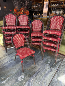 17 x Cafe Outdoor Aluminium PE Rattan Bistro Stacking Chairs in Red & White.