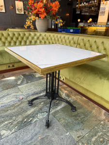 10 x Ardamez Made in France Outdoor Marble Effect Dining Table with Brass Trim on Black Metal Base. 9 x Square (Size 70 x 70cm) & 1 x Round (Dia 90cm).