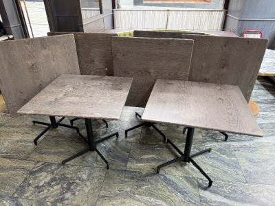7 x Tempo Folding Outdoor Dining Tables in Grey Oak Effect. Size H70 x 80 x 80cm.