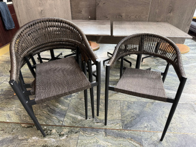 4 x Rope & Wicker, Black Aluminium Frame Outdoor Armchairs.