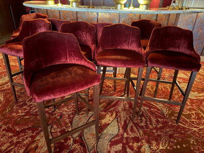 9 x Red Velvet Style High Chairs/Bar Stools on Wooden Frame.