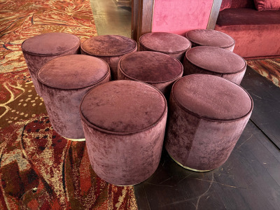 9 x Deep Purple Velvet Style Lounge Stools with Brass Trim.