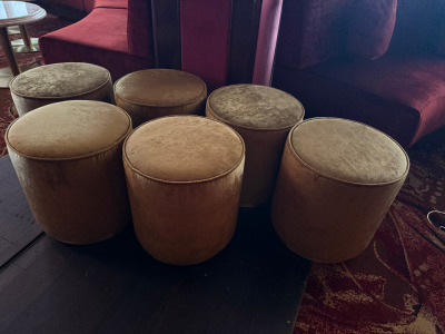 6 x Gold Velvet Style Lounge Stools with Brass Trim.