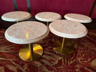 17 x Soho Style Faux Marble Lounge Tables on Brass Style Base to Include: 2 x Oval Twin Base (Size H48 x 120 x 60cm), 2 x Round Medium (Size 48 x Dia80cm) & 13 x Round Small (Size H48 x Dia 60cm).