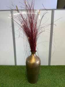 Metal Gold Coloured Vase with Dark Red Foliage.