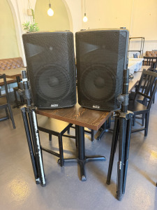 2 x Alto TX212 12" 2-Way Powered Loudspeakers, Comes with 2 x Heavy Duty Tripod Stands.
