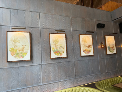 Set of 4 x London Framed Canvas Artworks with Oval Artwork Depicting 'Lamb, Trout, Grouse & Stag'. Size 90 x 65cm.