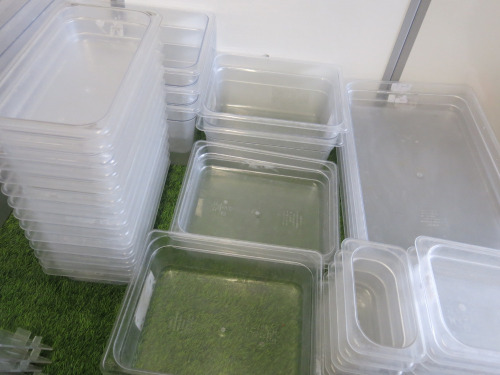 62 x Cambro Clear Trays to Include: 11 x 24L 1/1 x 200mm, 7 x 18L 1/1 x 150mm, 12 x 12L 1/1 x 100mm, 5 x 6L 1/1 x 65mm, 8 x Assorted Size 1/2, 15 x 2L 1/3 x 65mm & 5 x 0.75L 1/9 x 100mm, Comes with 5 x 10CWD Inserts.