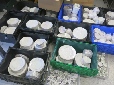 Huge Quantity of Figgio Norway White & Burgundy Crockery to Include: Plates, Bowls, Dishes, Size Plates, Saucers, Cups, Teapots Etc (As Pictured/Viewed). NOTE: crates not included.