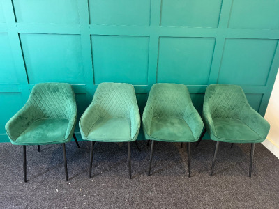 4 x Green Patterned Suede Chairs with Black Legs.